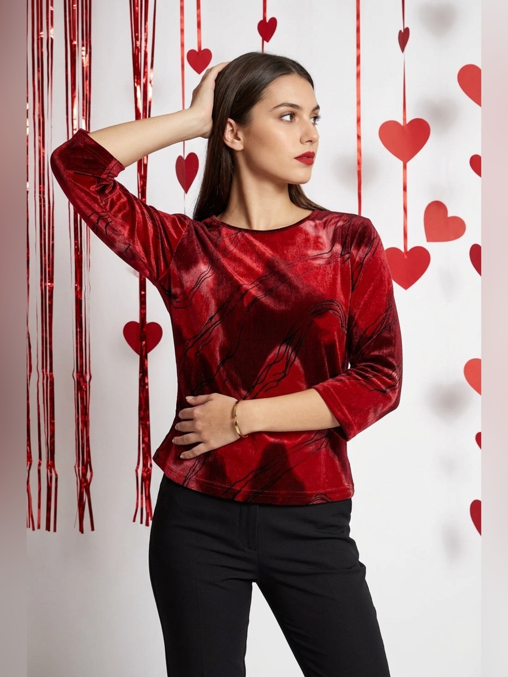 VTG 90s DB Sport Red Abstract Wavy Print Slinky Ribbed Top - M